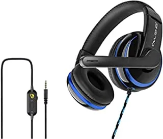 Ovleng P4 3.5mm Gaming Headset Over Ear Headphones E-Sports Earphone مع ميكروفون عقال قابل للتعديل للكمبيوتر المحمول والكمبيوتر المكتبي مع كابل التحكم في مستوى الصوت (أسود / أزرق) ، متوسط