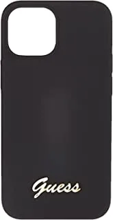 جراب Guess من السيليكون السائل مع شعار معدني ذهبي لهاتف Iphone 13 Mini (5.4 بوصة) - أسود