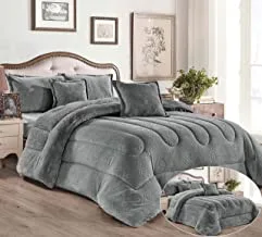 Warm And Fluffy Winter Velvet Fur Reversible Comforter Set, Single Size (210 X 160 Cm) 4 Pcs Soft Bedding Set, Modern Spiral Stitch With Embossed Print Pattern, Silver