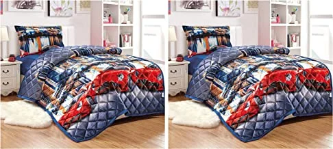 Pack of 2 Kids All Season Reversible Soft Velvet Flannel Comforter Set 3 Pcs Single Size (150 X 200 Cm) Boys Or Girls Bedding Set, Double Sided Geometric Stitch With Red Car In Town Print, Multicolor