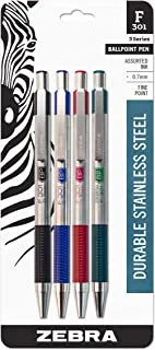 Zebra pen f-301 retractable ballpoint pen, stainless steel barrel, fine point, 0.7mm, assorted ink, 4-pack