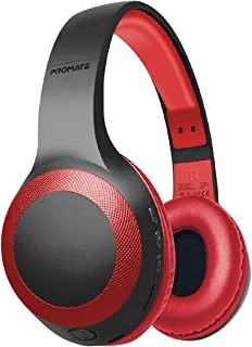 Promate Wireless Headphone, Powerful Deep Bass Bluetooth v5.0 Headphone with MicroSD Playback, 3.5mm Wired Mode, Hi-Fi Stereo Sound, 5H Playtime, Built-In Mic and Control for Smartphones, LaBoca Red