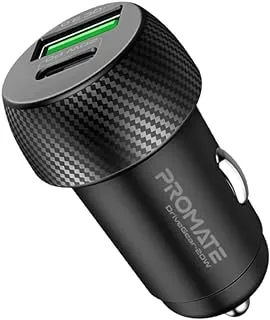Promate USB-C Car Charger with 20W USB-C Power Delivery Port and 18W QC 3.0 USB Port, DriveGear-20W