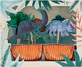 Meri Meri Dinosaur Kingdom Cupcake Kit with 24 toppers in 6 designs, and 24 cases with shimmering copper foil details
