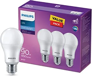 Philips LED Light Frosted Bulb A60, Non-Dimmable, E27 Base, 7W-50W Equivalent, Cool Daylight 6500k, Value Pack 3 PCs