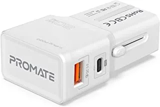 Promate Travel Adapter, All-In-One International Travel Power Charger with 20W Fast USB-C™ Charging Port, Qualcomm QC 3.0 and Smart Surge Safety for USA, EU, UK, AUS, Cellphones, TriPlug-PD20-WHITE