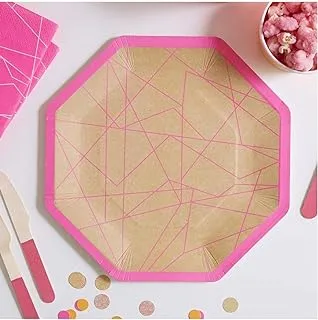 Ginger Ray Kraft and Neon Pink Geometric Paper Plates, 25 cm Width