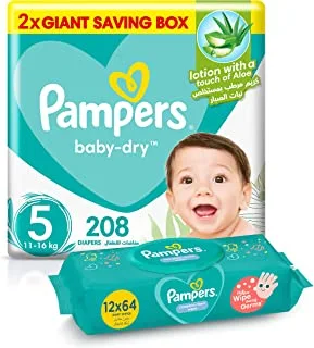 بامبرز Baby-Dry ، مقاس 5 ، 208 حفاضات + 768 مناديل مبللة للتنظيف الكامل للأطفال