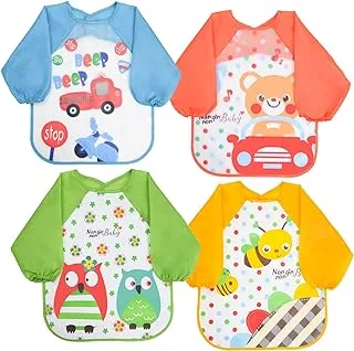 SHOWAY Bibs with Sleeves, 4 Pcs EVA Baby Bib Waterproof Long Sleeve Bib Unisex Feeding Bibs Apron Lovely Cute Cartoon Bibs for Infant Toddler 6 Months to 3 Years Old, Multicolor, One Size
