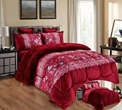 Ultra Soft Winter 6Pcs Comforter Set King Size 220x240cm Floral Printed Warm Velvet Fur Bedding Sets Includes Comforter, Fitted sheet, Pillowcases & Cushion Cover