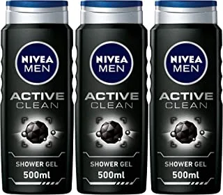 Nivea MEN 3in1 Shower Gel, Active Clean Charcoal Woody Scent, 3x500ml
