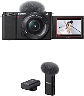 كاميرا سوني ألفا ZV-E10L الرقمية Vlog بعدسة قابلة للتبديل مع عدسة 16-50 مم + ميكروفون لاسلكي Ecm W2Bt مع اتصال بلوتوث لـ Vlog ، أسود