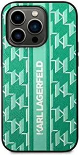 Karl Lagerfeld Grained PU Leather Case With Monogram Pattern & Vertical Logo Stripe For iPhone 14 - Green