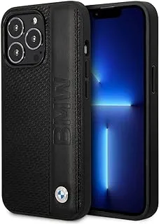 Bmw signature collection genuine leather case with textured & big logo stripe for iphone 14 pro max - black