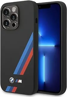 BMW M Collection Magsafe Liquid Silicone Case Slanted Tricolor Stripes & Printed Logo For iPhone 14 Pro Max - Black