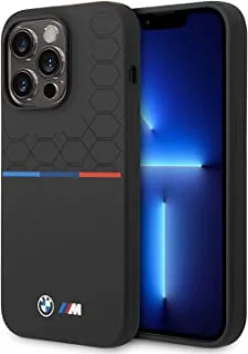 جراب من السيليكون السائل من مجموعة BMW M مطبوع عليه ورنيش UV بنمط ثلاثي الألوان وشعار لهاتف iPhone 14 Pro Max - أسود