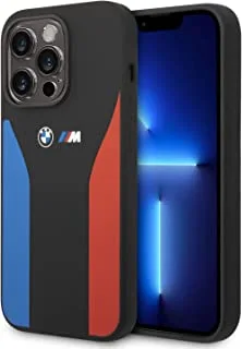 BMW M Collection Liquid Silicone Case With Tricolor Print & Logo For iPhone 14 Pro - Black