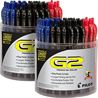 PILOT G2 Premium Refillable & Retractable Rolling Ball Gel Pens, Fine Point, Black/Blue/Red Inks, Pack of 2 Tubs (144 Total) (56077)