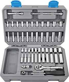 Apollo Tools 50-Piece Compact Metric and SAE ¼ Inch Drive Socket Set with 72 Teeth Ratchet, ½ Inch Drive Nut Driver and Bit Adapter in Chrome Vanadium Steel Construction- Blue - DT0004