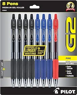 PILOT, G2 Premium Gel Roller Pens, Fine Point 0.7 mm, Blue, Black, Red, Pack of 8
