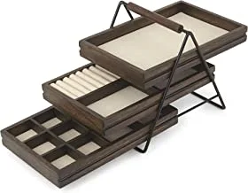 Umbra Terrace Tier Jewelry Three SlidingLinen Lined Wood Trays With Metal Frame And Handle, Easy Storage And Access, Walnut, 3 Each
