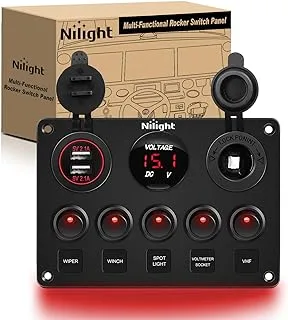 Nilight 5 gang multi function rocker switch backlit dual usb charger, digital voltmeter, 12v outlet pre-wired switch panel with inline fuse for rvs cars boats trucks trailers, red (90124e)