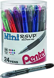 قلم حبر جاف صغير Pentel RSVP ، (1.0 مم) خط متوسط ​​، 24 حبر متنوع في عبوة أسطوانة شفافة (BK91MN24M)