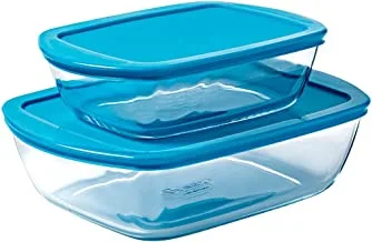 Pyrex Cook & Store Rectangular Glass Roaster With Lid Set Of 2 (2.5+1.1) Liter Clear Glass (9137145) Food Storage Container Set,Glass Baking Dish With Lid Set