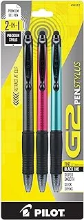 Pilot, G2 Pen Stylus, Fine Point 0.7 mm, Pack of 3, Black Ink, Gray/Red/Turquoise Barrel