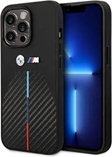 BMW M Collection Quilted PU Carbon Case With Hot Stamped Tricolor Stripe & Metal Logos For iPhone 14 Pro - Black