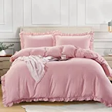Donetella Designer Collection 3 Pcs Ruffled Duvet Set Queen Size Super-soft Vintage Ruffle Fringe Comforter Cover Without Filler, Solid Color with Hidden Zipper and Corner Ties, Rosa