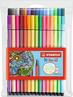 Stabilo Pen 68 قلم تلوين برأس لباد ، 1 مم - مجموعة محفظة 30 لونًا
