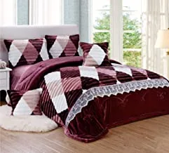 Geometric Winter Fur Comforter Set 4 Pcs Dark Red, Single Size, Jqfk-003 By Moon, Velvet