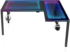 EUREKA ERGONOMIC RGB LED طاولة ألعاب على شكل L 152.4 x 102.4 x 76.2 سم ، مكتب ألعاب ركن مكتب كمبيوتر مكتب مزامنة الموسيقى تضيء التحكم في تطبيقات سطح المكتب من الزجاج المقسى