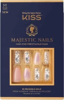 KISS Majestic Fake Nails, In a Crown', High-End Gel Nails, 30 Reusable Medium Length Coffin Shaped Glue-On & Press-On Jeweled Accent Glue On Nails