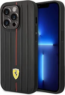 جراب Ferrari جلد بخطوط منقوشة وشعار Yellow Shield لهاتف iPhone 14 Pro Max - أسود