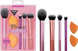 Real techniques makeup brush kit with travel sponge blender bundle, face makeup brushes & sponge, beauty sponge travel case, for liquid, cream, & powders, travel-friendly, 7 piece set