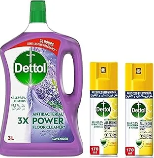 Dettol Power Floor Cleaner and Disinfectant Spray Bundle (Dettol Lavender Antibacterial Power Floor Cleaner 3L + Dettol Citrus Antibacterial All In One Disinfectant Spray - 170ml x 2)
