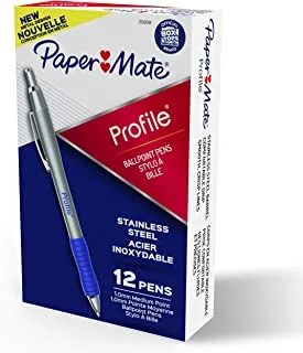 أقلام حبر جاف Paper Mate Profile ، قلم قابل للسحب مع برميل من الفولاذ المقاوم للصدأ ، 1.0 مم ، حبر أزرق ، 12 قطعة