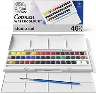 Winsor & Newton Cotman Watercolor Paint Set, Studio Set, 45 Half Pans w/Brush