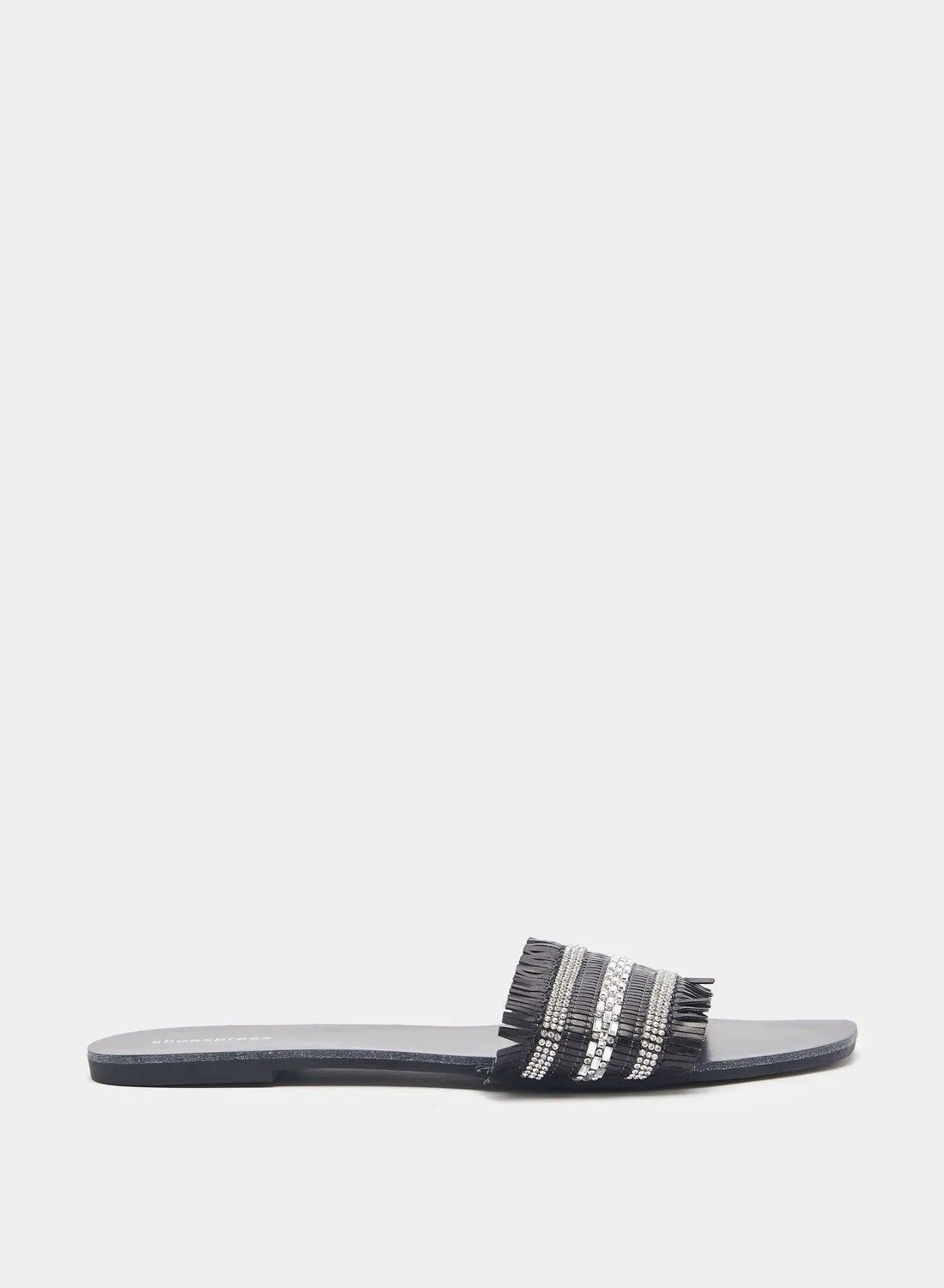 shoexpress Embellished Slip-On Slide Sandals with Fringe Trims