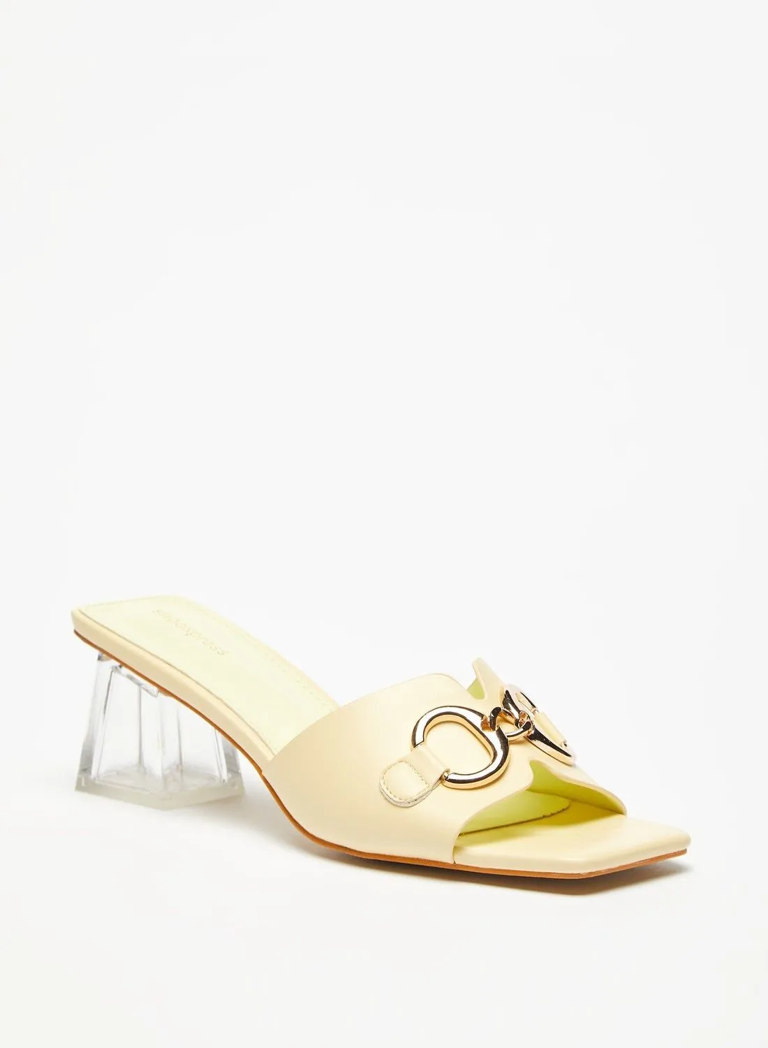 shoexpress Solid Slip-On Sandals with Metal Accent and Block Heels
