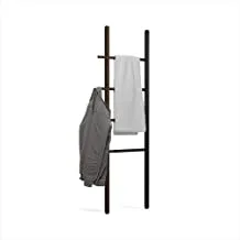 Umbra Hub Ladder - رف ملابس قابل للتعديل لغرفة النوم أو حامل مناشف قائم بذاته للحمام | يمتد من 16 إلى 24 بوصة مع 4 خطافات مسننة ، أسود / الجوز