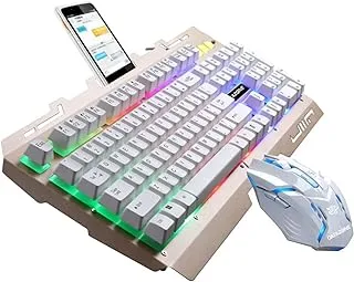 لوحة مفاتيح وماوس ، لوحة مفاتيح سلكية للألعاب مع إضاءة خلفية RGB ، حامل لوحة مفاتيح للهاتف المحمول ، داتازون (GK-470) أبيض
