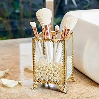 PuTwo Makeup Brush Holder Glass and Brass Vintage Makeup Brush Organizer Handmade Cosmetic Brush Storage with White Pearls for Dresser Vanity Countertop - Gold
