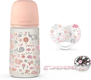 Suavinex Feeding Physiological Silicone Teat Bottle W/Soother Pacifier + Clip Memory Joy Set, 0/6 Months, 270ml, Pink