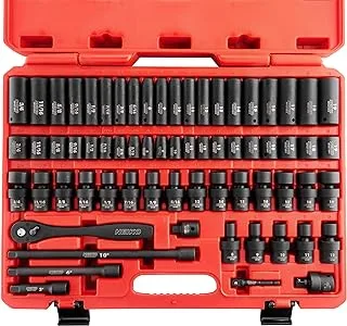 NEIKO 02471A Impact Socket Set, 3/8” Drive, 67 Piece, Metric and Standard Master Socket Set with Shallow & Deep Swivel Sockets, Ratchet, Extension Bars, Adapters, Cr-V & Cr-Mo