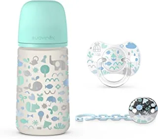 Suavinex Feeding Physiological Silicone Teat Bottle W/Soother Pacifier + Clip Memory Joy Set, 0/6 Months, 270ml, Green