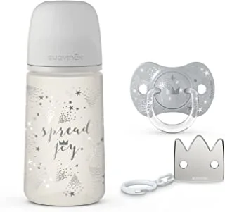 Suavinex Feeding Physiological Silicone Teat Bottle W/Soother Pacifier + Clip Spread Joy Set, 0/6 Months, 270ml, Grey