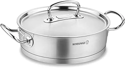 Korkmaz Proline 3 Quart Stainless Steel Low Casserole Saute Pot Stockpot With Lid and Handles Silver a1172